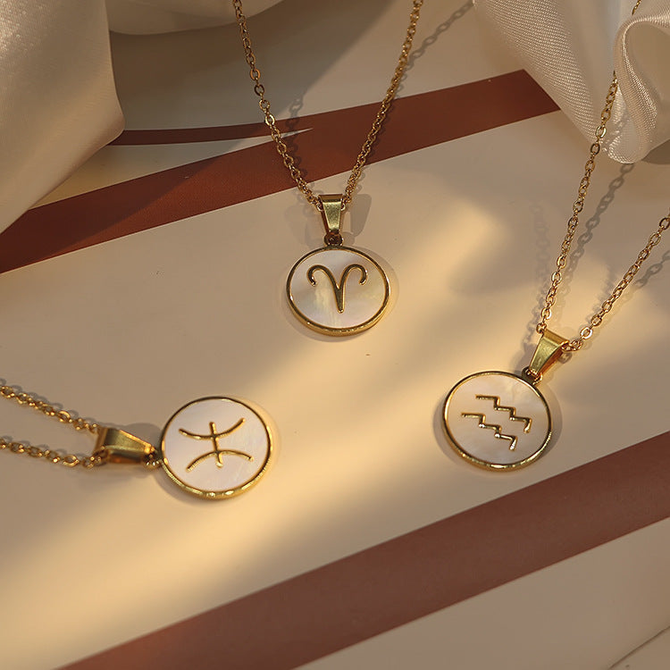 Wholesale Twelve Constellations White Seashell Stainless Steel 18K Gold Plated Clavicle Chain Choker Necklace ACC-NE-Xiny003