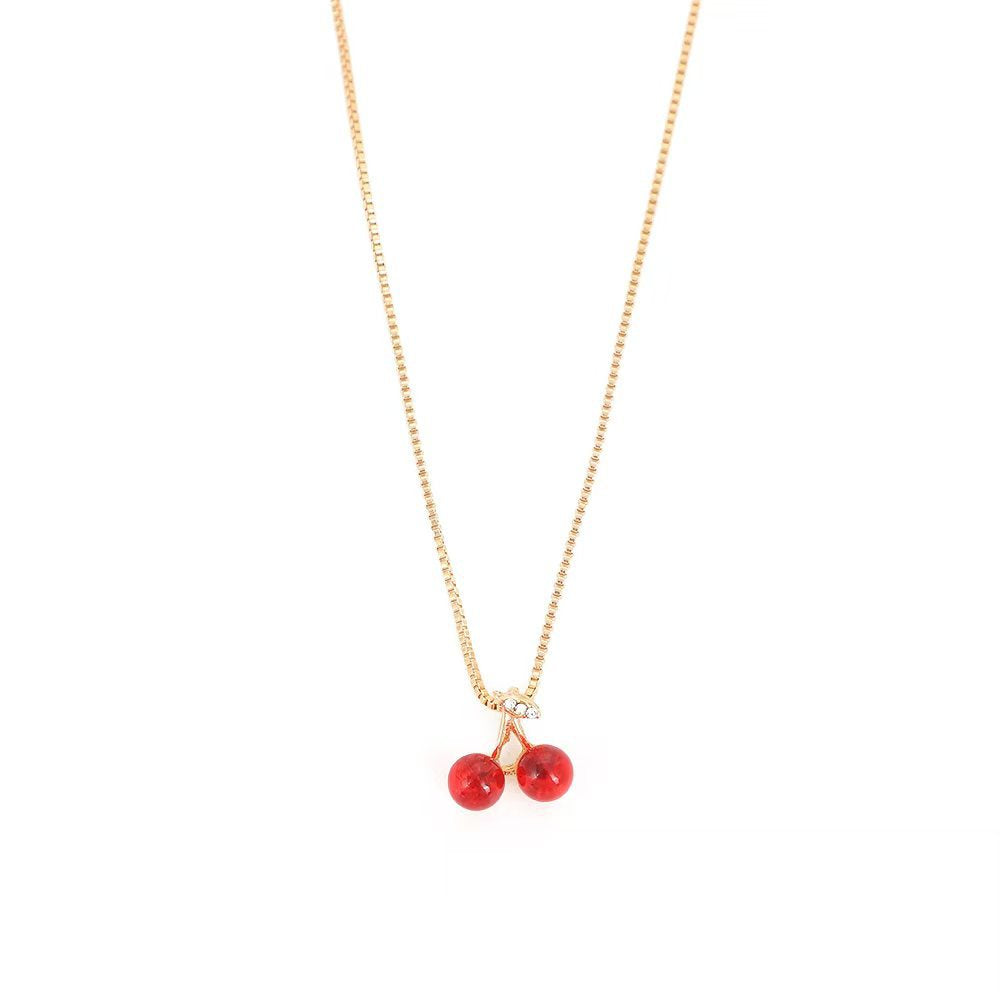 Wholesale Chic Cherry Pendant Collarbone Necklace Red Glass Charm Alloy Box Chain Fashion Jewelry Accessory For Everyday Wear