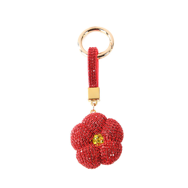 Wholesale Red Camellia Rhinestone Metal Keychain Fashion Accessory For Gifts And Boutique Resale
