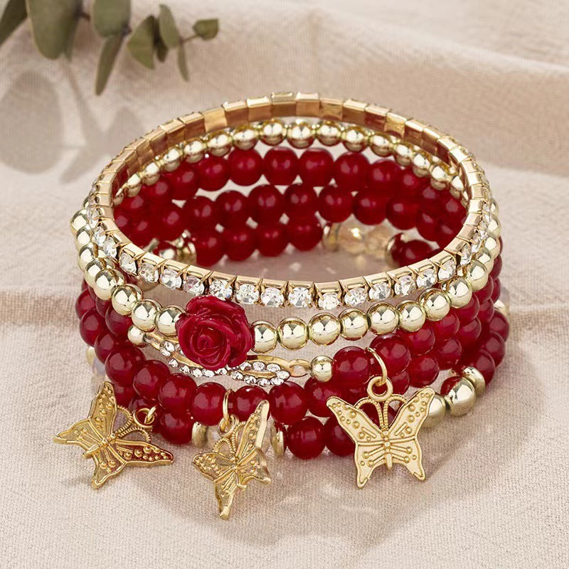 Wholesale Bohemian Multi-layer Rose Butterfly Diamond Elastic Beaded Bracelet ACC-BT-FengLi005