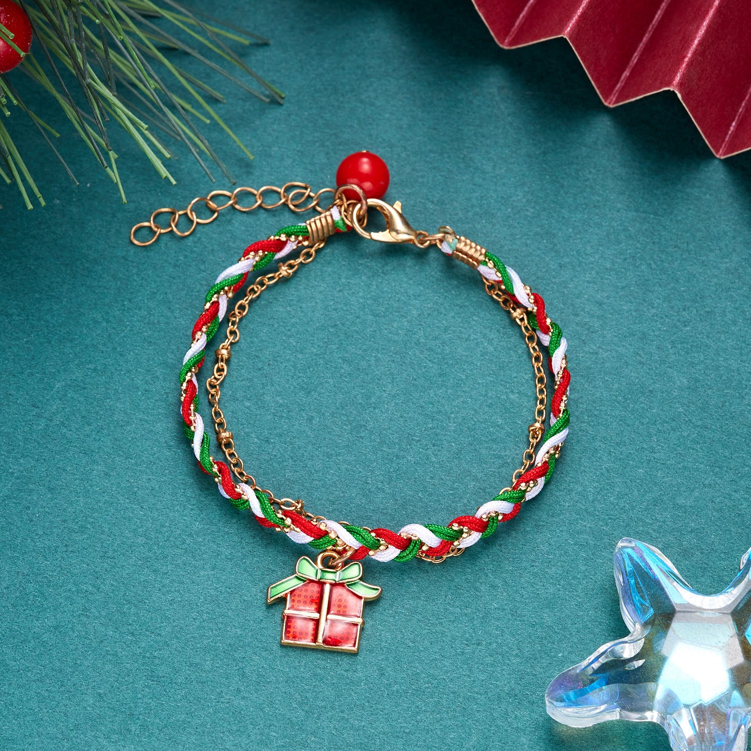 Wholesale  Christmas dripping oil  round beads twist woven three-layer pendant bracelet