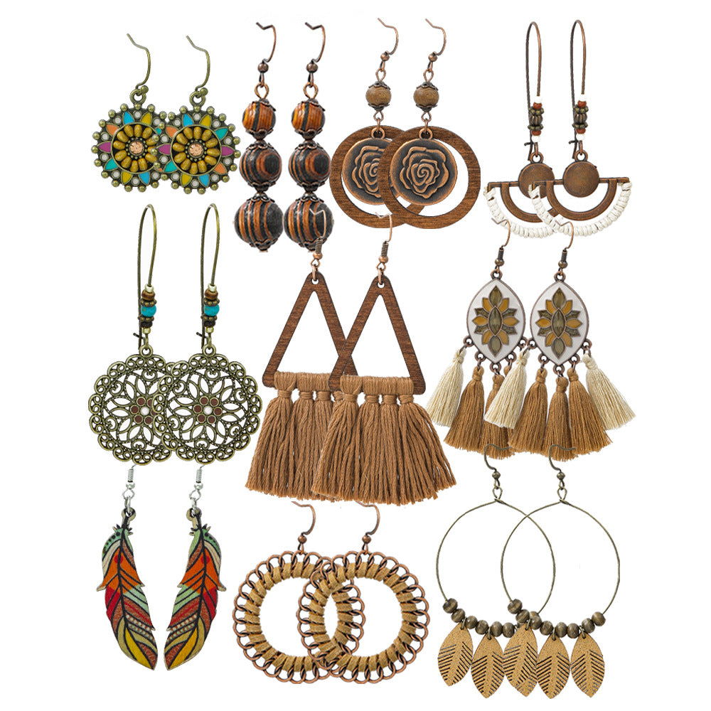 Wholesale Bohemian Tassel Earrings Metal Leather Leaf Circle Fashion Accessory for Party Wear