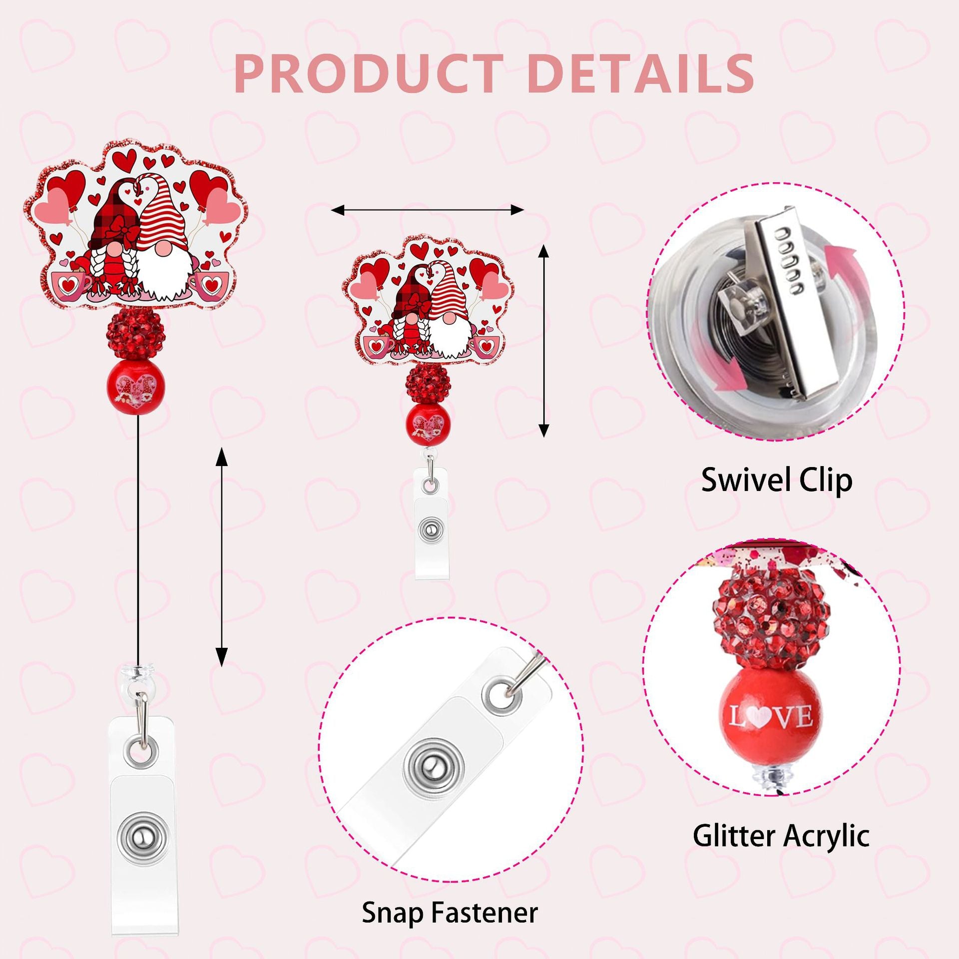 Wholesale  Pink Beaded Valentine' s Day Retractable Badge Reels,