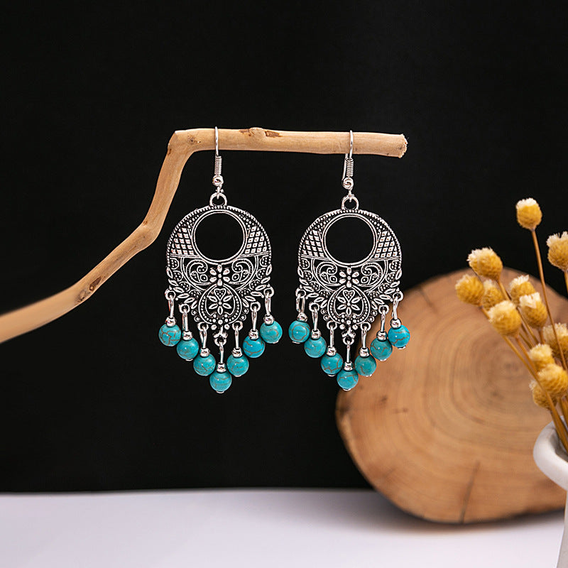Wholesale Retro Ethnic Style Blue Turquoise Hollow Ring Flower Tassel Earrings Jewelry Accessory