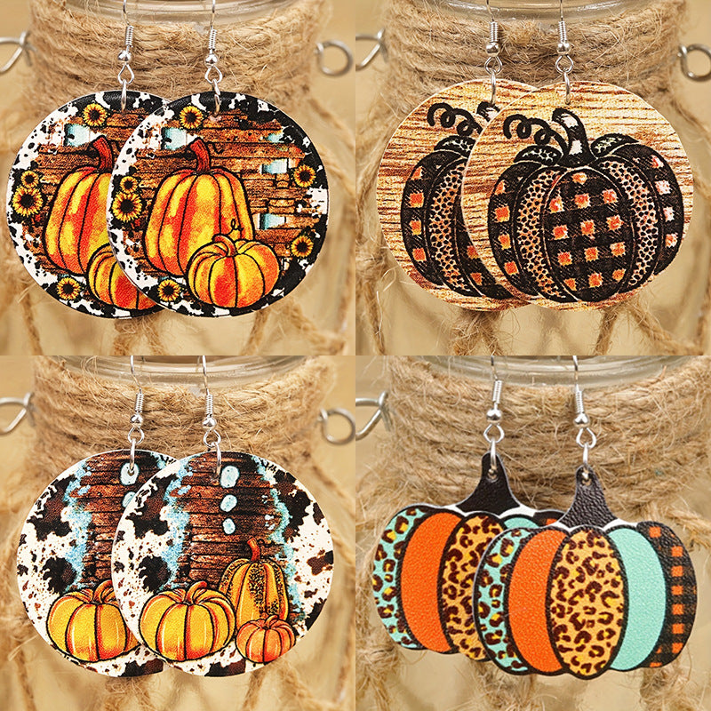Wholesale Thanksgiving Round Summer Pumpkin Maple Leaf Leopard Print Striped  Women's Leather Earrings