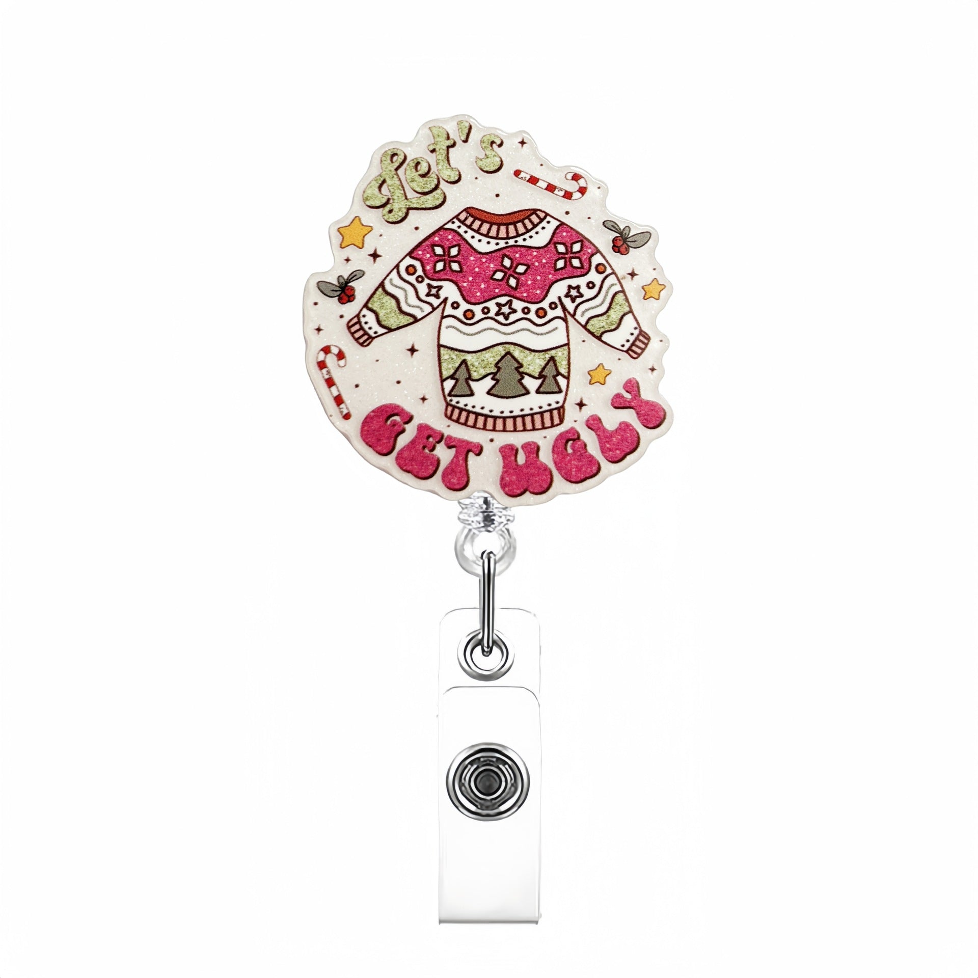 Wholesale Acrylic Pink Christmas Retractable Rotating Badge Keychain