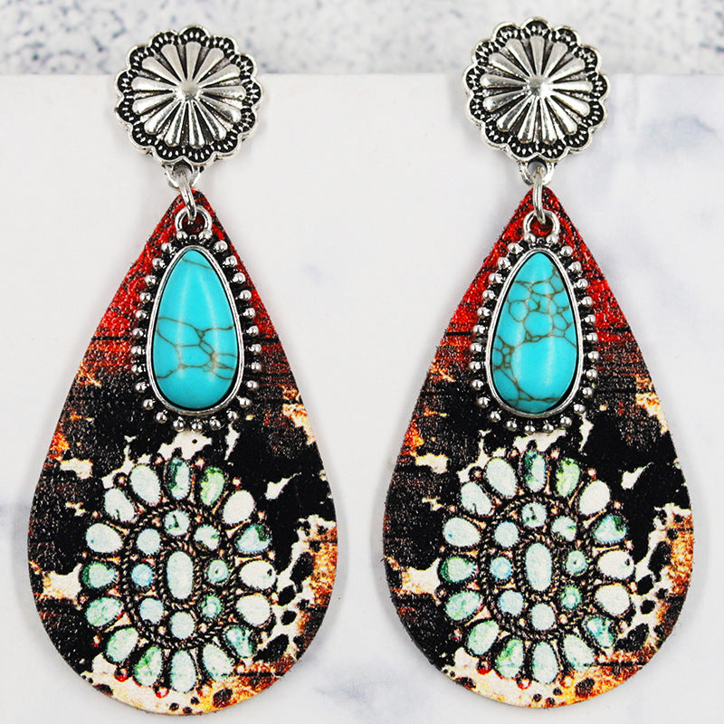 Wholesale Drop-shaped Leather Turquoise Pendant Retro Ethnic Style Western Bohemian Earrings ACC-ES-Mijun006