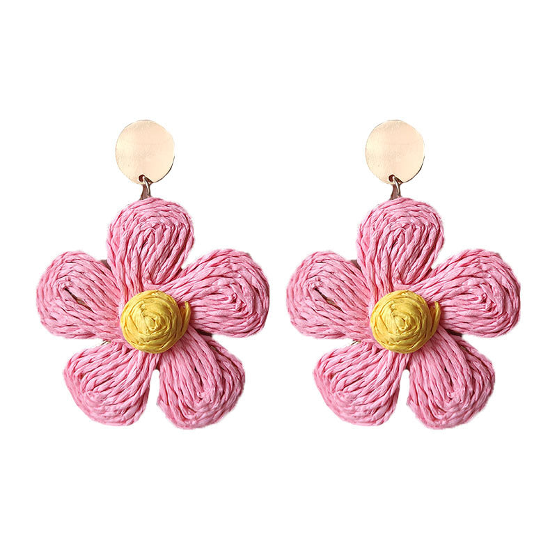 Wholesale 2 Pairs/pack Bohemian Rattan Raffia Colorful Flower Earrings ACC-ES-HY091