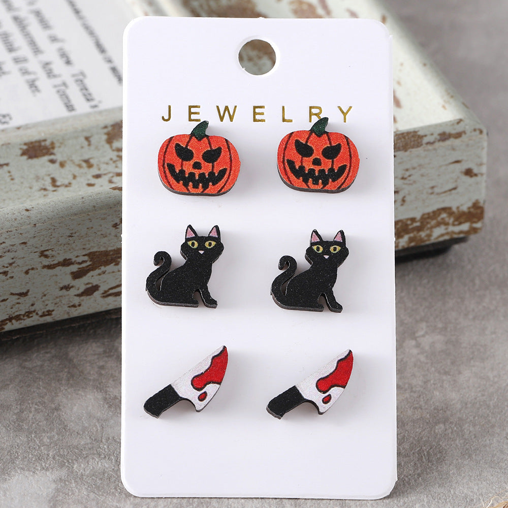 Wholesale Halloween Bat Pumpkin Black Cat Skull Ghost Earrings