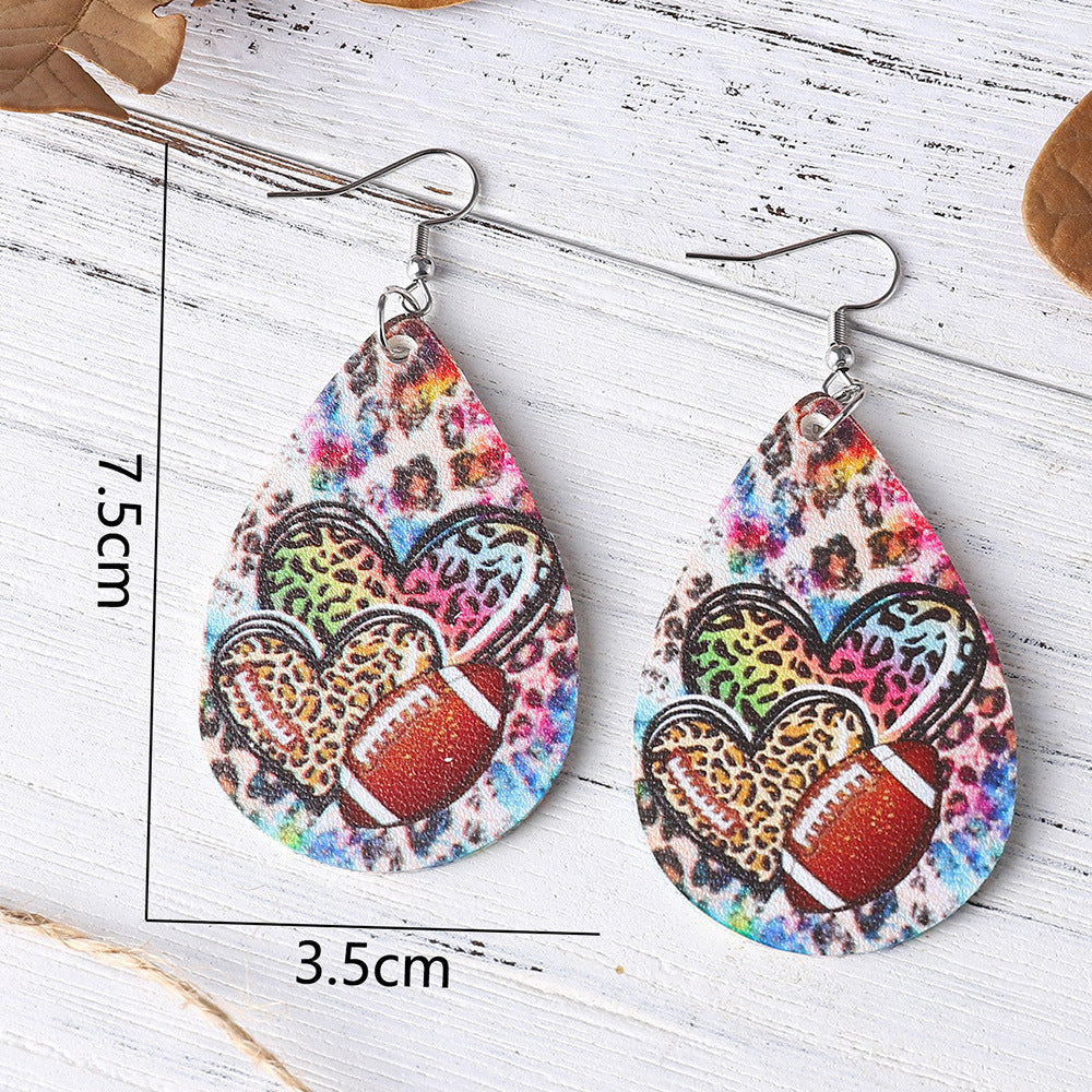 Wholesale Super Bowl Football Leopard Overlap Heart Earrings