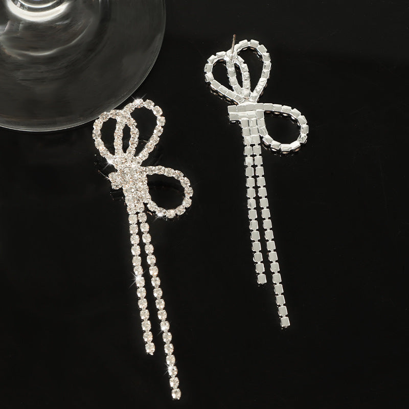 Wholesale  bow earrings long diamond-embedded full diamond  tassel earrings