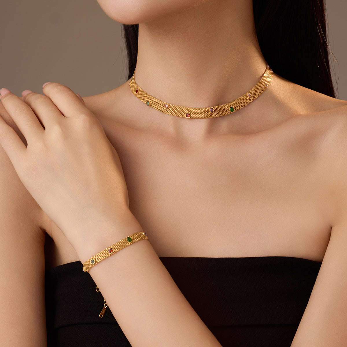 Wholesale Stainless Steel Ribbon Woven Colorful Zircon Necklace Bracelet suit