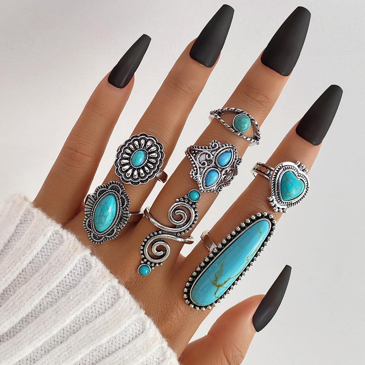Wholesale  ethnic style retro inlaid turquoise lightning ring set
