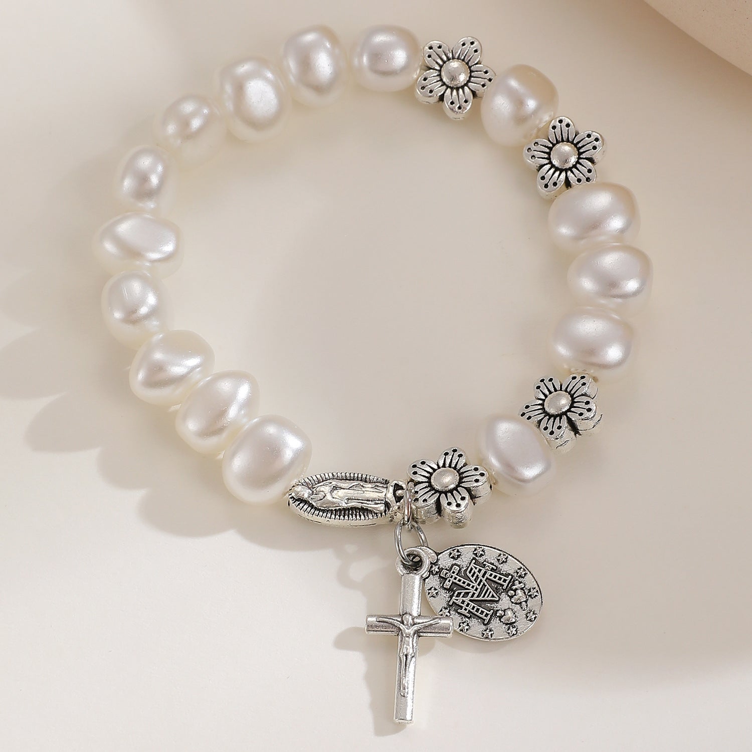 Wholesale Alloy man-made pearl beaded flower and cross Virgin Mary bracelet
