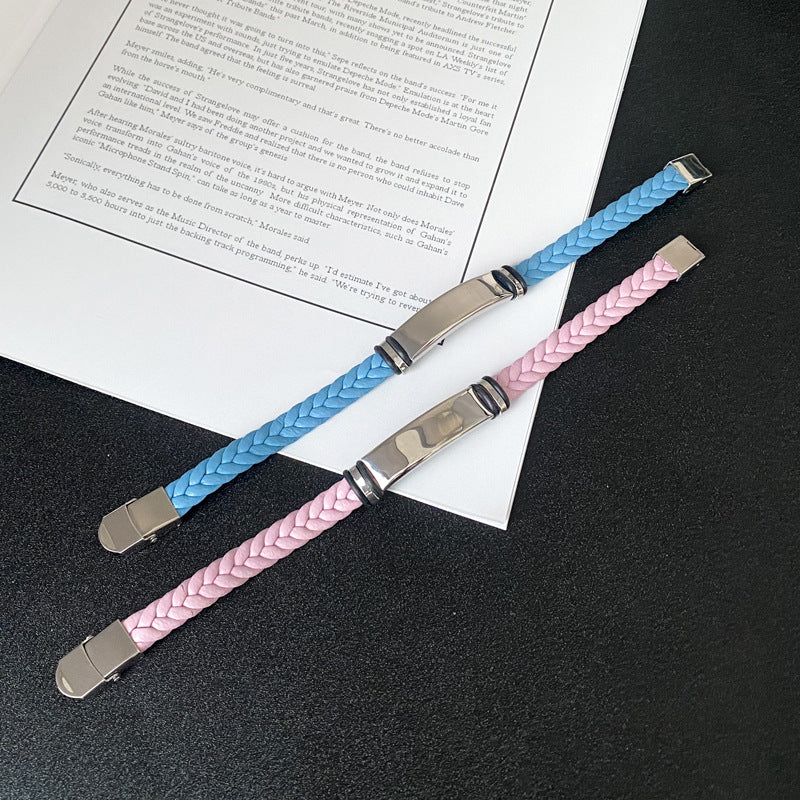Wholesale Cross-Border Hot-Selling Woven Stainless Steel Curved DIY Personalized Engraved Fashion Retro Couple Leather Bracelet