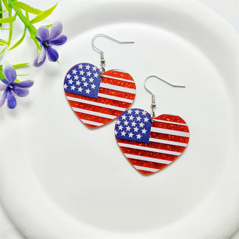 Wholesale Leather American Independence Day Earrings Red White and Blue Flag Color Love Heart Star Sun Flower Earrings ACC-ES-Qiyu001