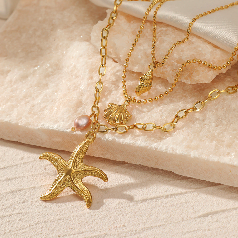 Wholesale Stainless Steel Three-Layer Pearl Starfish Pendant Necklace