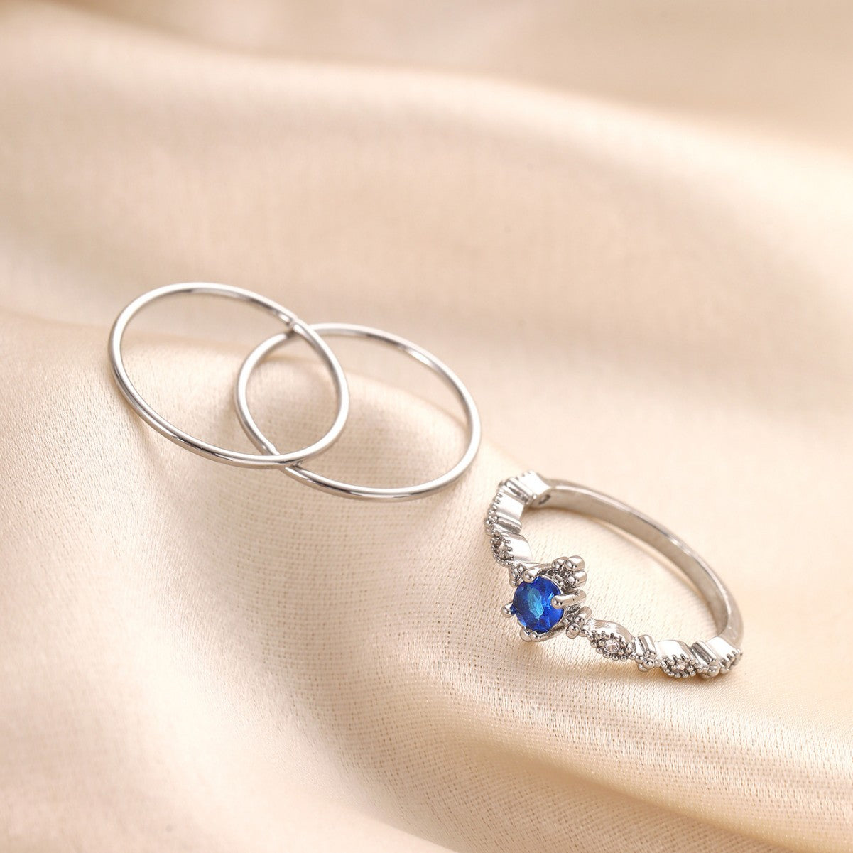 Wholesale  three-piece set copper inlaid shiny blue zircon ring
