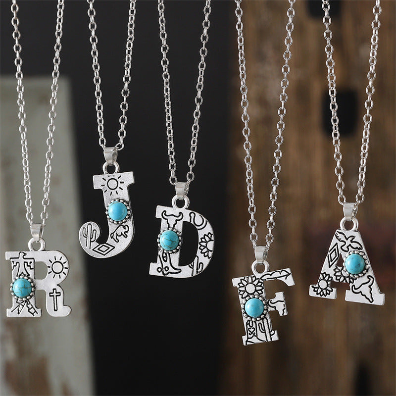Wholesale  Retro 26 English Letter Turquoise Necklace Clavicle Chain