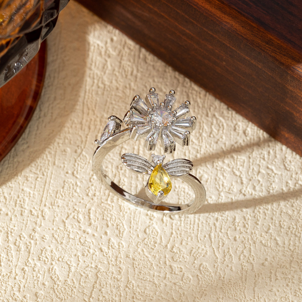 Wholesale Open Adjustable Flower Ring Copper Zircon Chic Jewelry Accessory