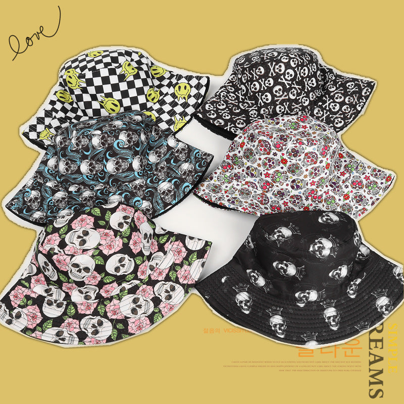 Wholesale Creative Printing Bucket Hat Skull Rose Double-sided Bucket Hat ACC-HT-LueLan010