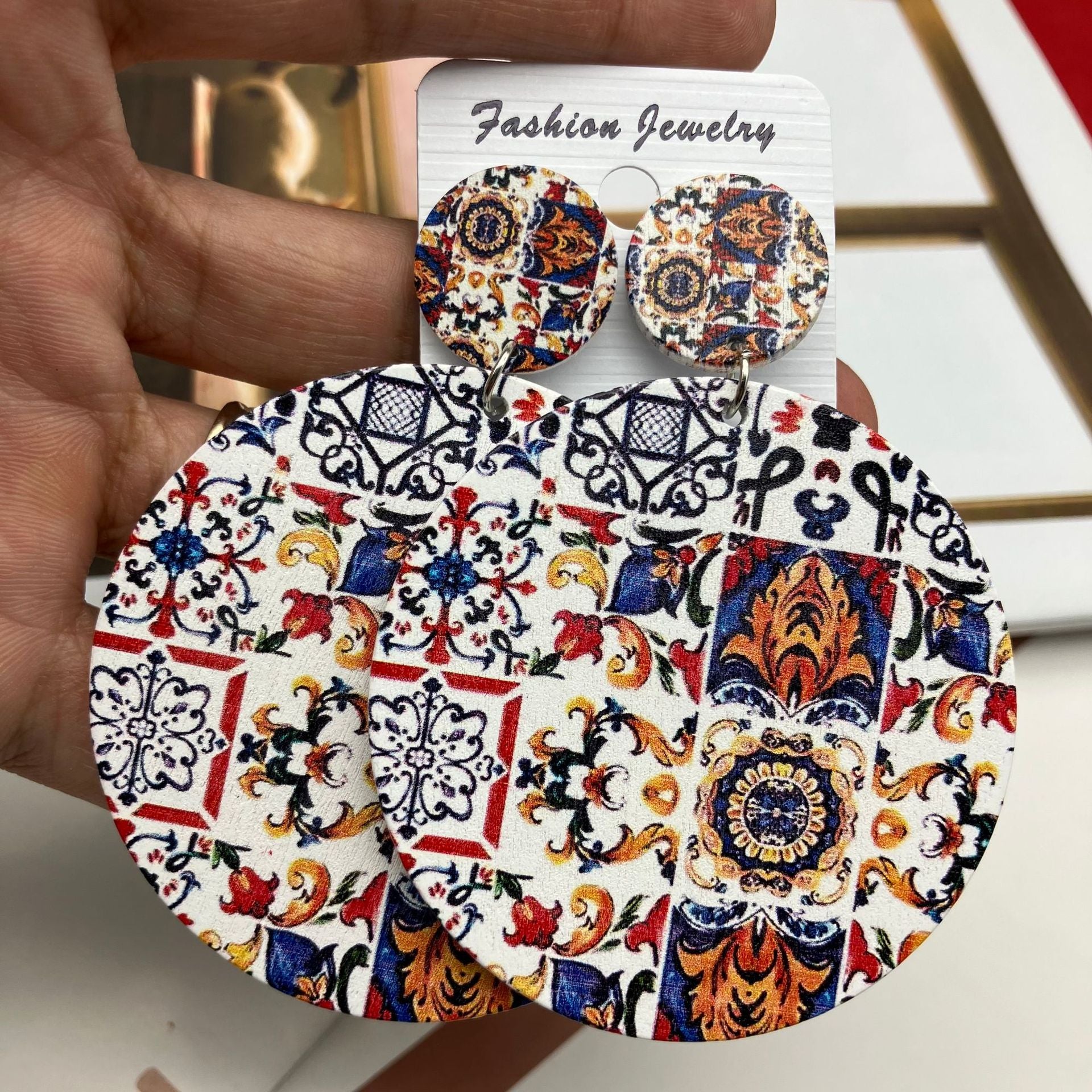 Wholesale Ceramic Pattern Bohemian Wood Cotton and Linen Earrings ACC-ES-FX009