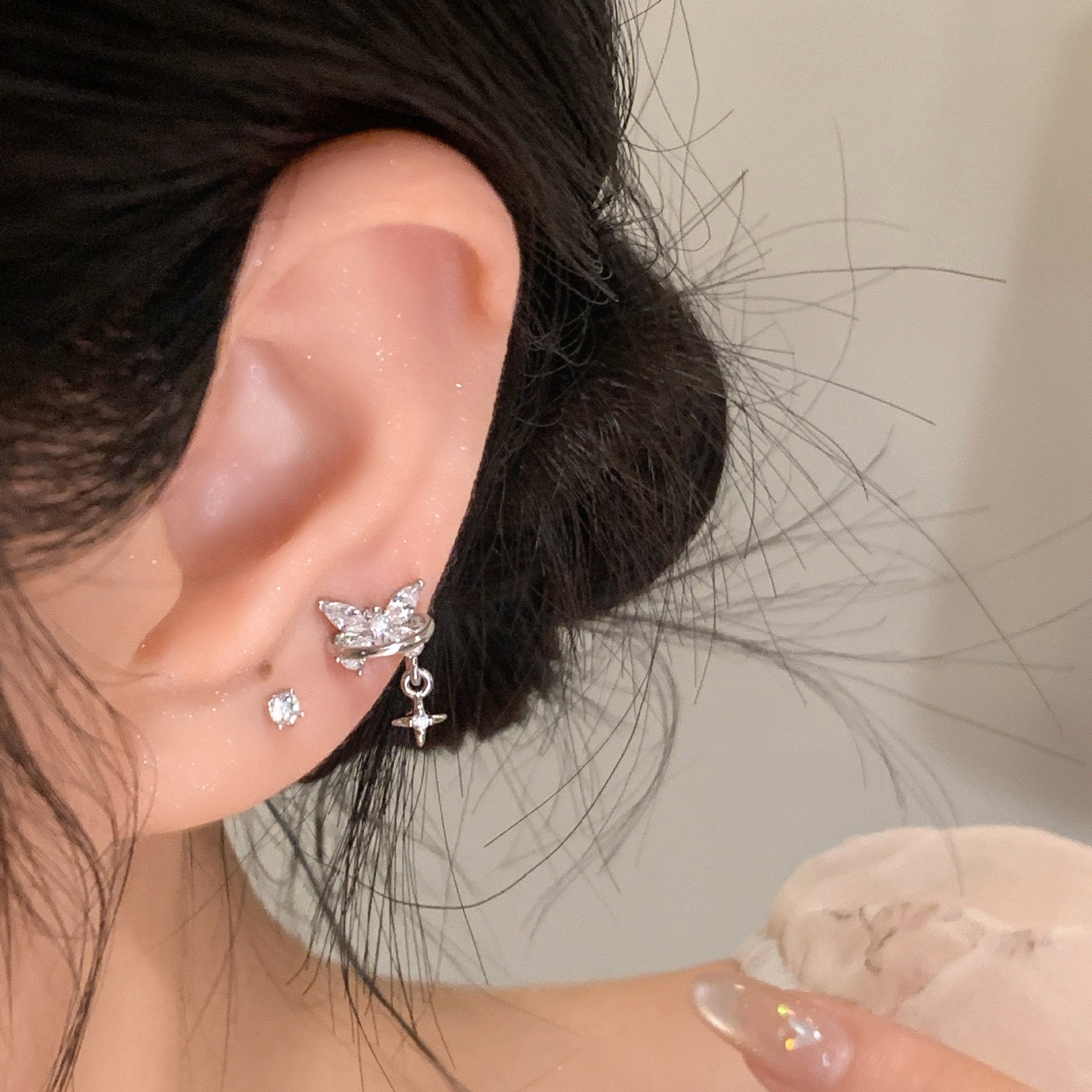 Wholesale Butterfly ear bone studs titanium steel super shiny zircon earrings