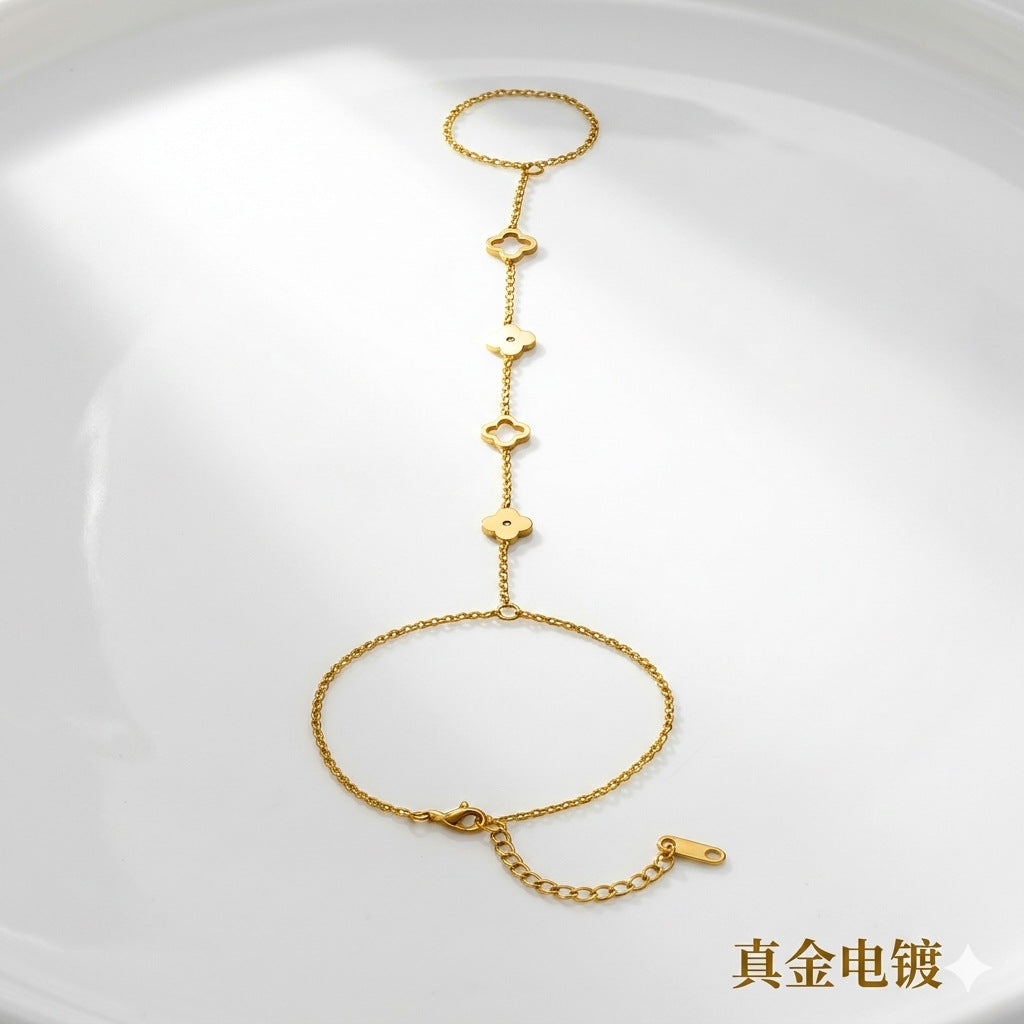 Wholesale Gold Plated Stainless Steel Four Leaf Clover Bracelet Finger Chain Stylish Jewelry Accessory Gift