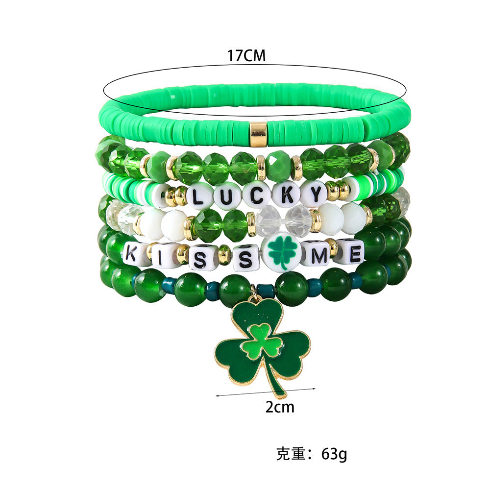 Wholesale St. Patrick's Day Green Crystal Four Leaf Clover Bracelet Set