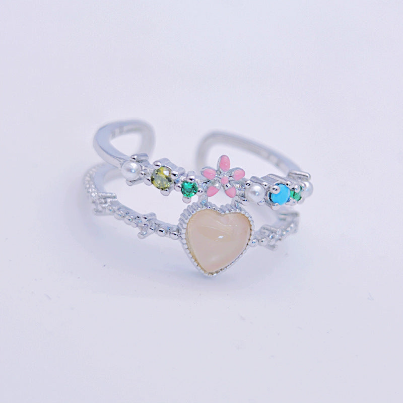 Wholesale Pink Double Layer Flower Love Ring Open Zircon Inlaid Rings ACC-RS-YXY013