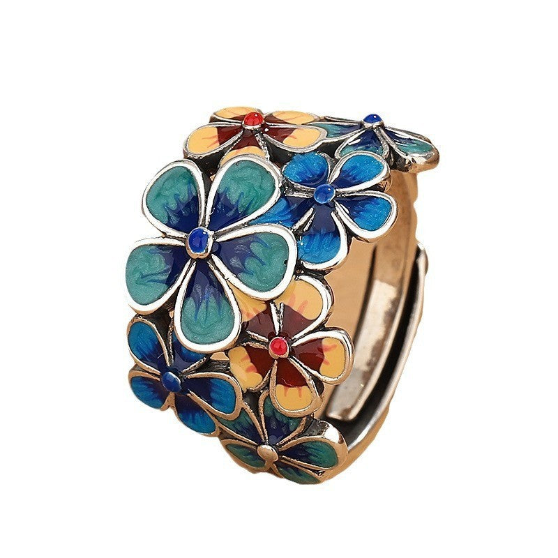 Wholesale Vintage Ethnic Style Faux Cloisonné Flower Ring - Adjustable,  Zinc Alloy Electroplated,  Boutique Jewelry Accessory for Resale