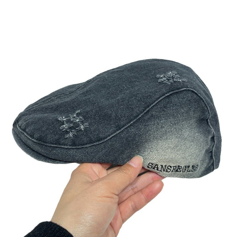 Wholesale  Vintage Washed Old Denim Hole Forward Cap Berets