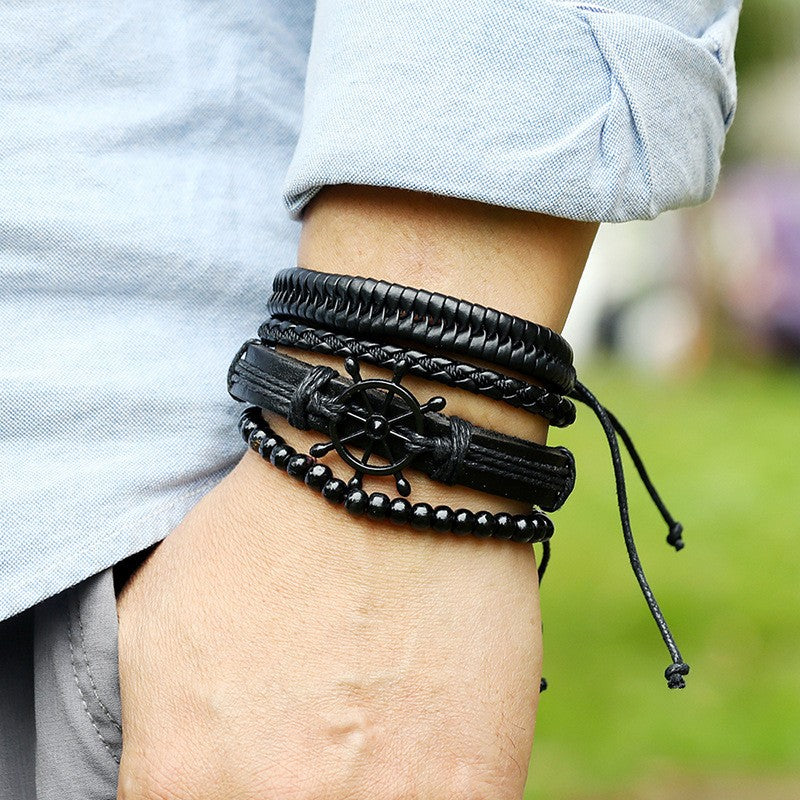 Wholesale  creative hand-woven black rudder cowhide bracelet