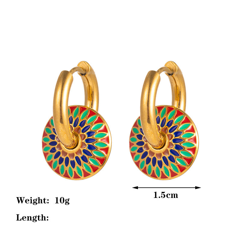 Wholesale Retro Light Luxury Necklaces Drip Glaze Daisy Titanium Steel Necklace Earrings Set ACC-NE-Tais009