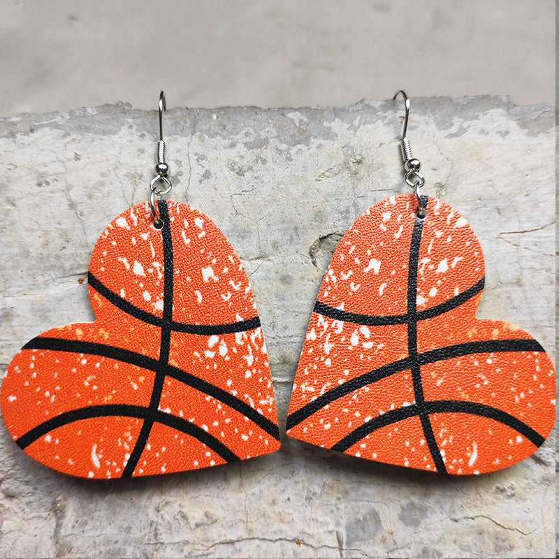 Wholesale Heart Shaped Sports Leather Earrings Baseball Football Soccer Hockey Tennis Jewelry Accessory Gift Boutique Resale
