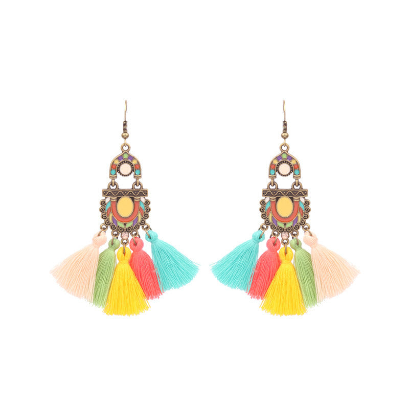 Wholesale Retro Bohemian Color Drip Oil Tassel Earrings Alloy Jewelry Fashion Accessory