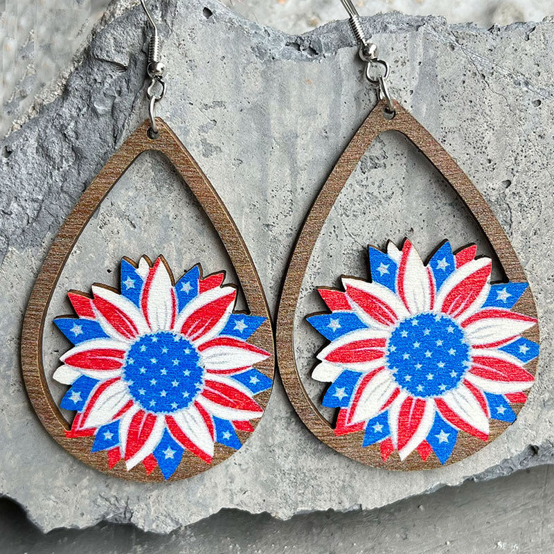 Wholesale wooden hollow water droplets US Independence Day earrings