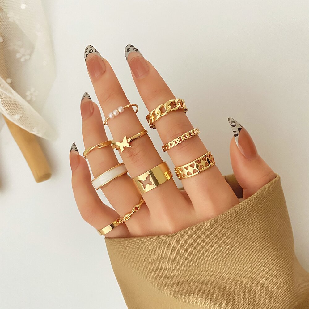 Wholesale 10pcs/set Vintage Style Pearl Embedded Chain Link Ring Set