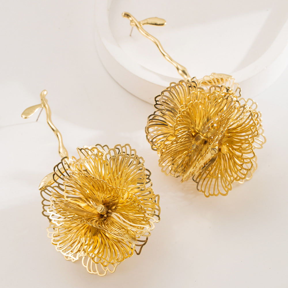 Wholesale Light Luxury Earrings  Exaggerated Stereo Branches Flower Hollow Silver Pin Earrings