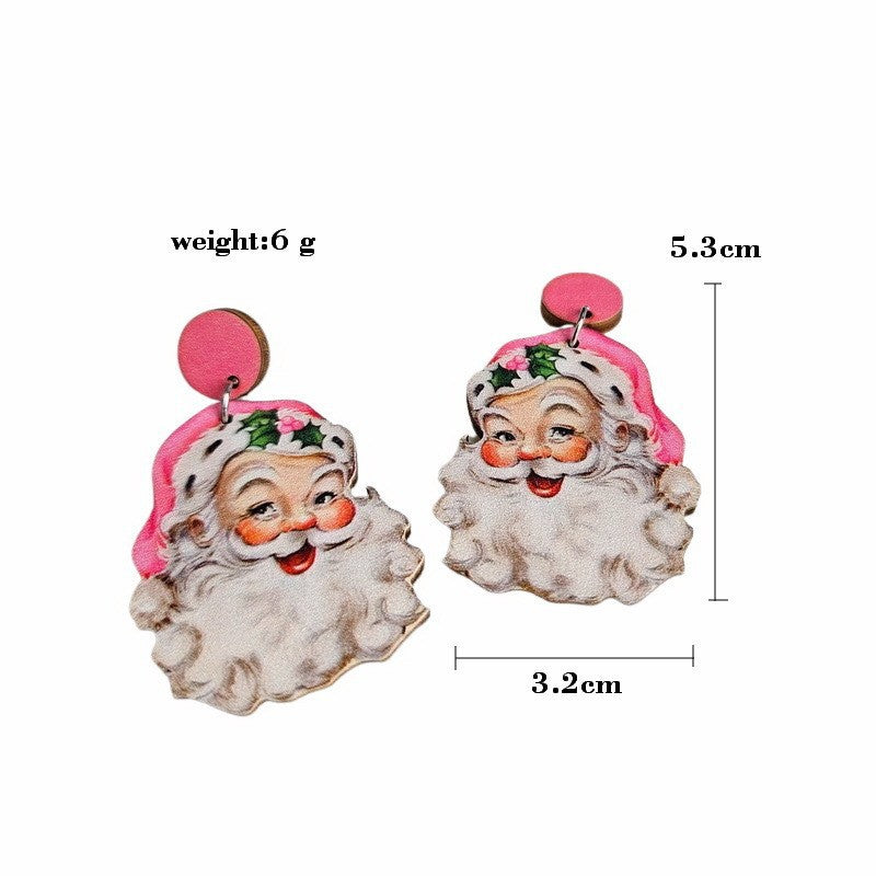 Wholesale Wood Pink Water Drops Leopard Print Santa Book Christmas Tree Earrings