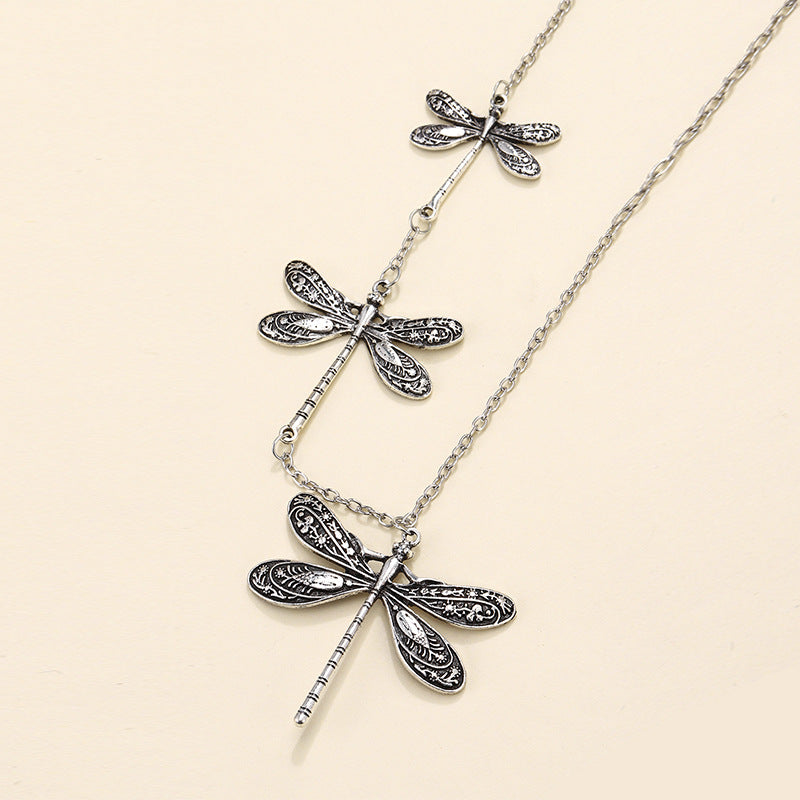 Wholesale Aliexpress Cross-Border New Carved Tribal Pattern Dragonfly Pendant Asymmetric Design Dragonfly Retro Sweater Chain