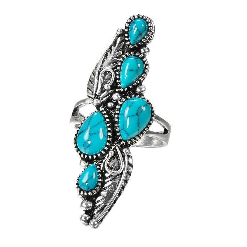 Wholesale Bohemian Feather Drop Turquoise Ring Jewelry Accessory Boutique