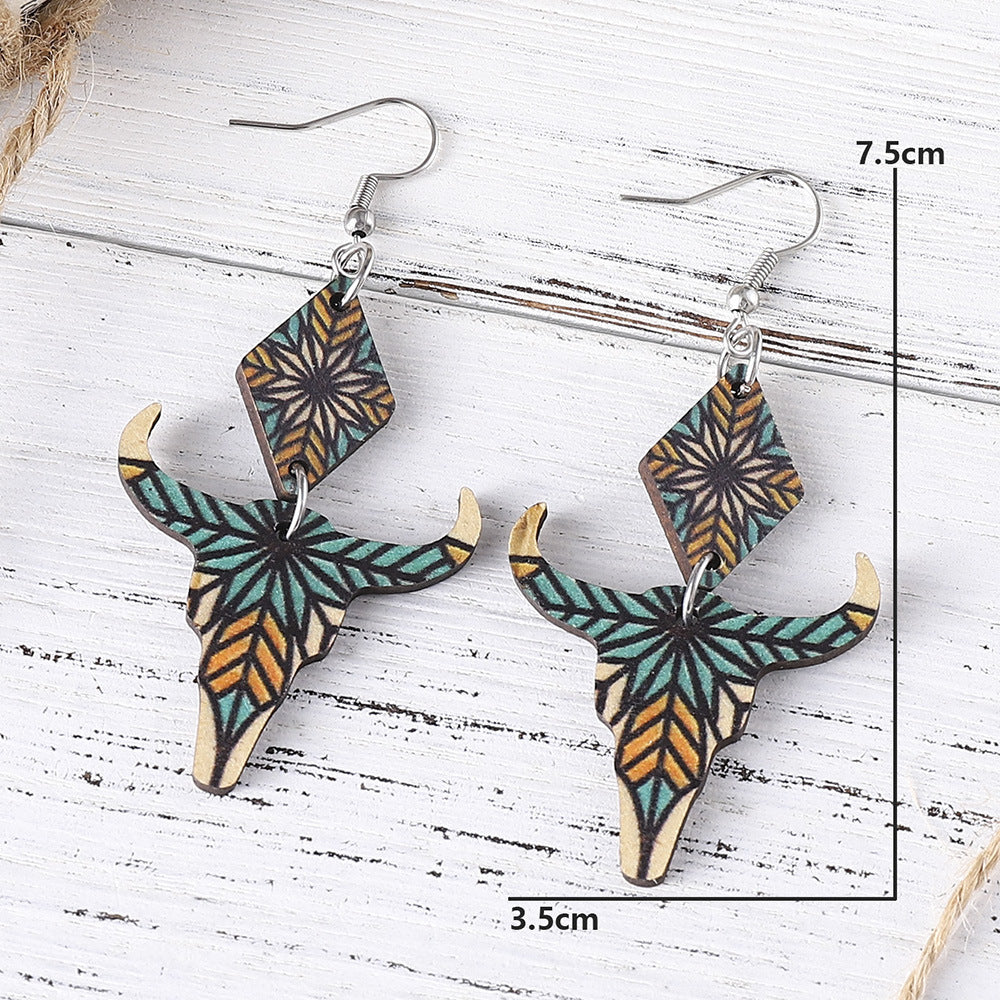 Wholesale Western Ethnic Aztec Geometric Pattern Cow Head Pendant  Double-sided Earrings