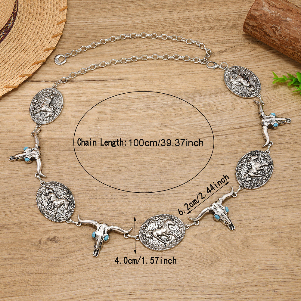 Wholesale Metal vintage Western-style bull head and horse waist chain