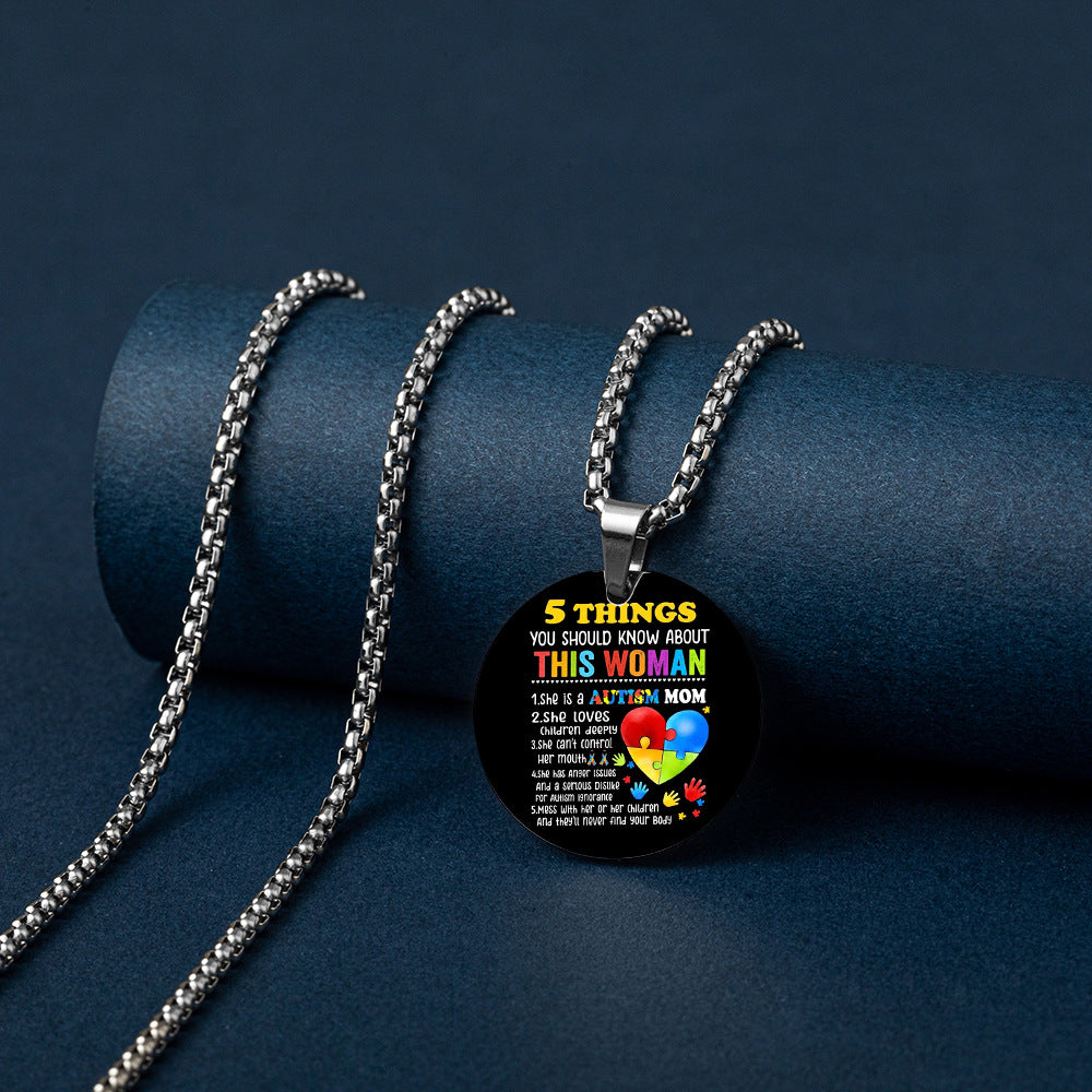 Wholesale Autism MOM Puzzle Color Printed Pendant Stainless Steel Necklace Mother's Day ACC-NE-HuanYu004