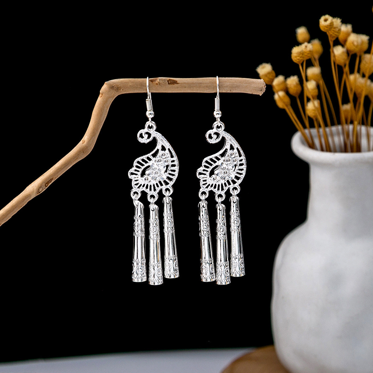 Wholesale Peacock Bell Tassel Hollow Leaf Earrings ACC-ES-MDD025