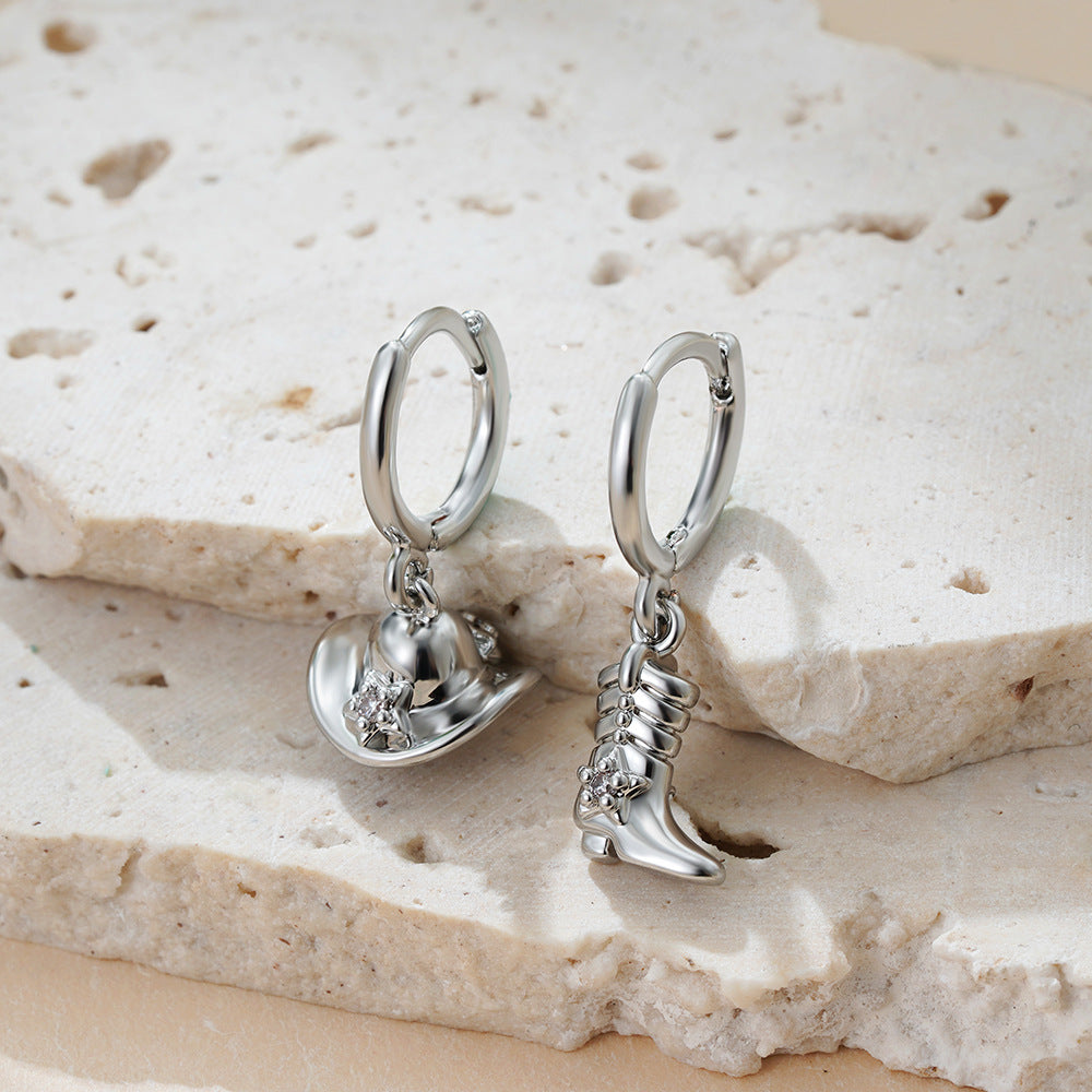 Wholesale  18K Gold Denim Boots Hat Zircon Earrings