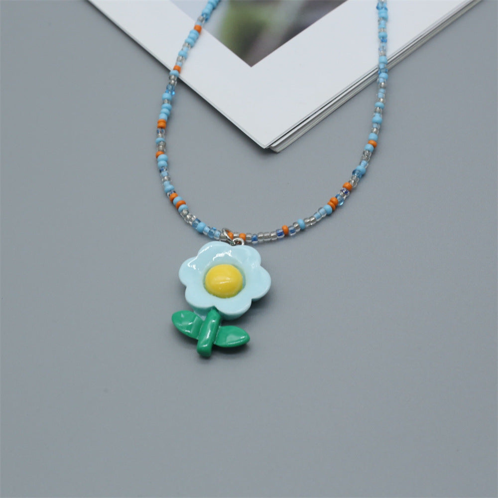 Wholesale  cute girl small rice beads necklace sunflower flower pendant clavicle chain