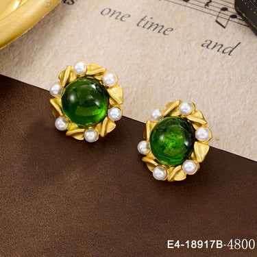 Wholesale Green Rhinestone Pearl Geometric Earrings