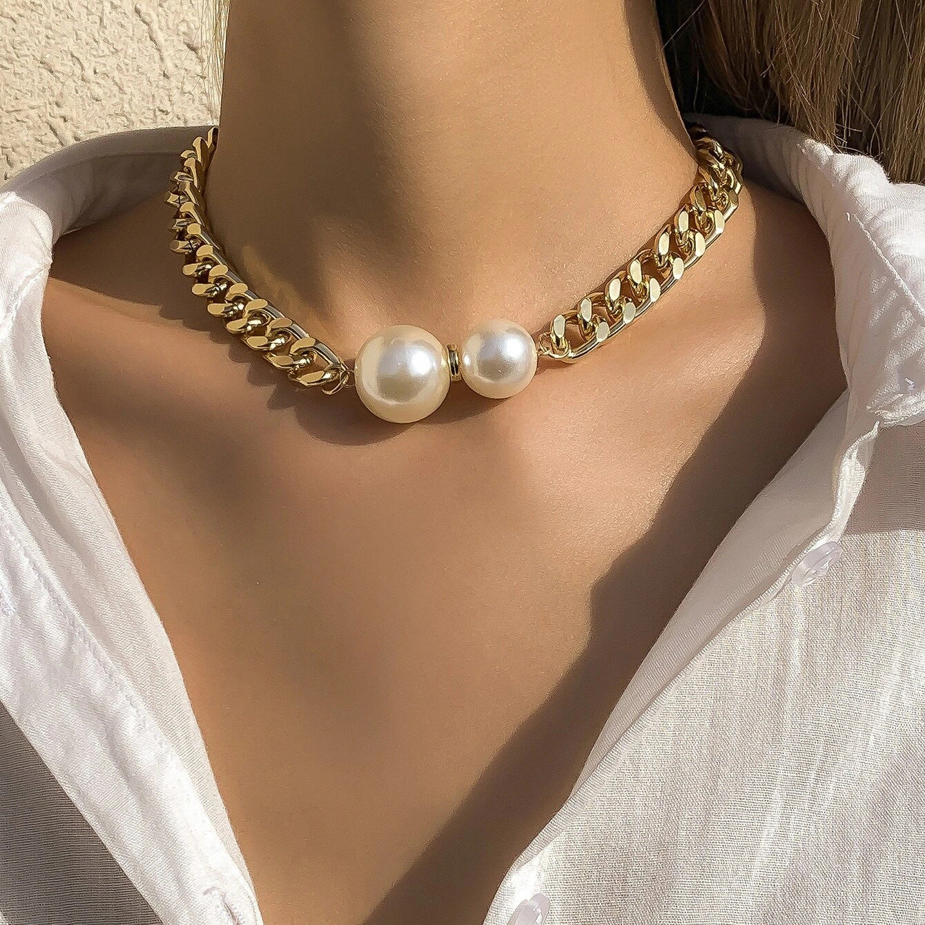 Wholesale geometric thick chain simple pearl choker necklace